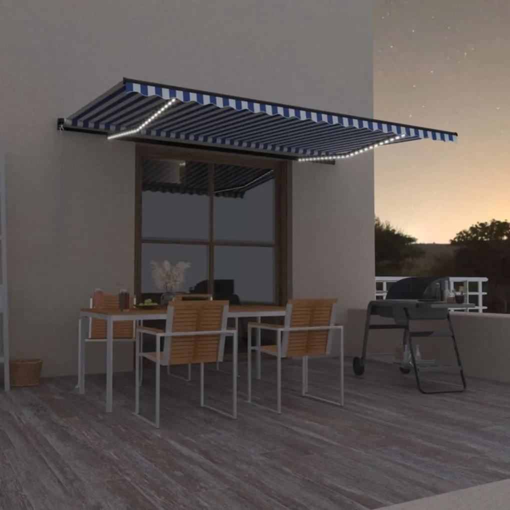 vidaXL Copertină retractabilă manual cu LED, albastru &amp; alb 500x300 cm