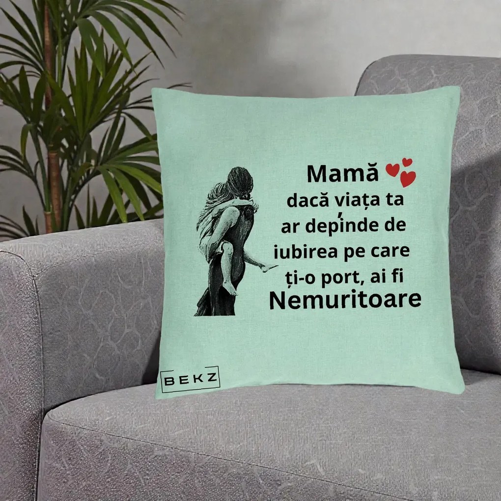 Perna personalizata mama: Mama Nemuritoare Gravura Vintage, 40x40 cm cu Umplutura, Verde Menta, BEKZ