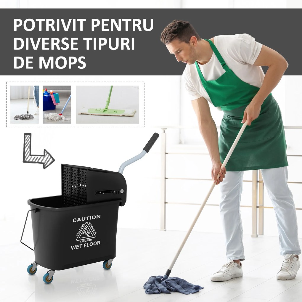 HOMCOM Cărucior Profesional pentru Curățenie cu Găleată pentru Mop de 20L, 60x27x70,5 cm, Negru | Aosom Romania