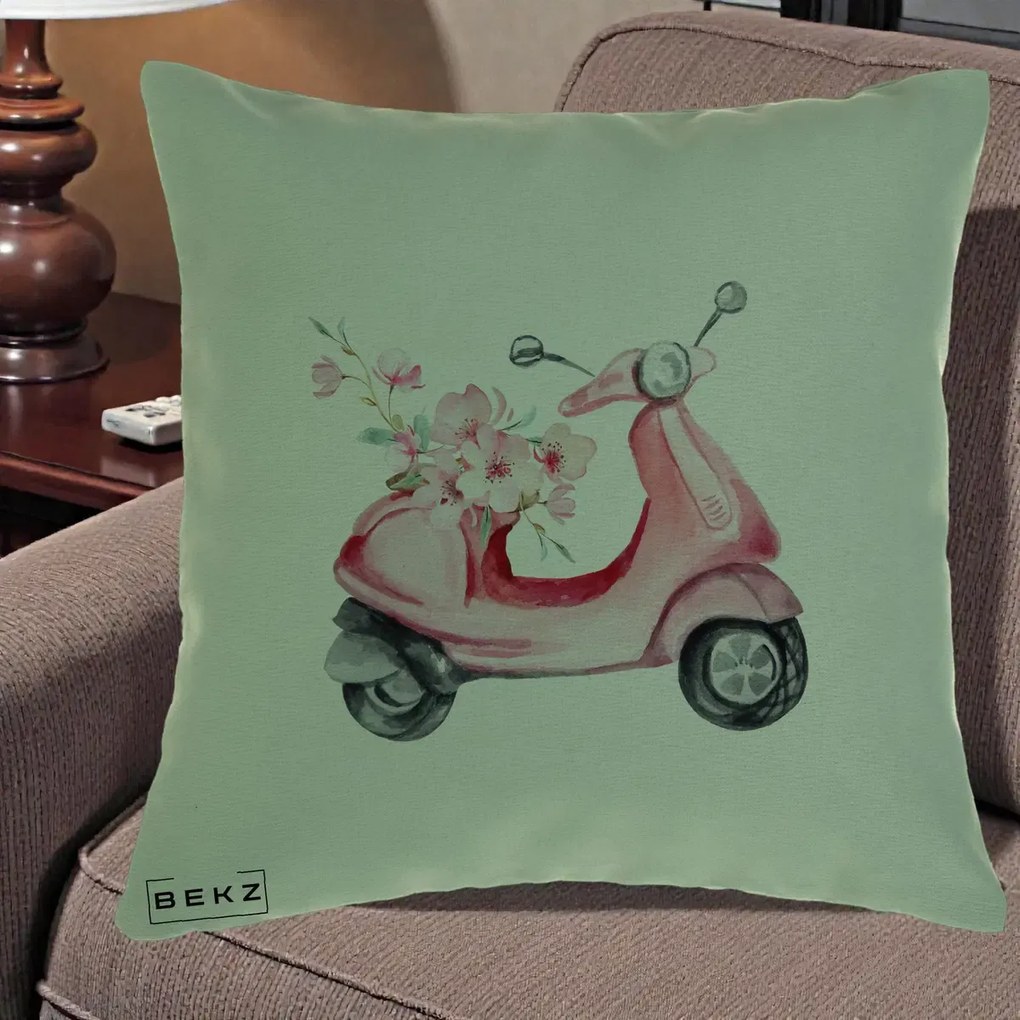 Perna Decorativa Scuter Roz cu Flori Acuarela, 40x40 cm, Verde, Husa Detasabila, Perna Inclusa, BEKZ®