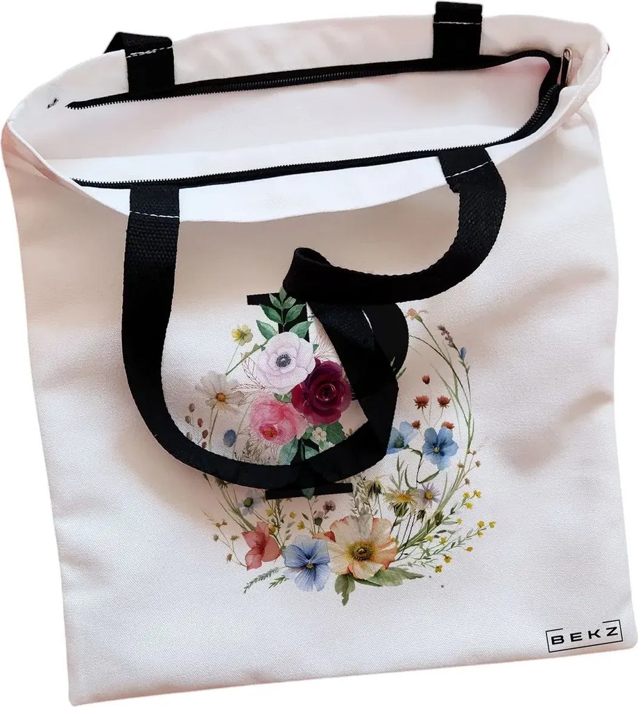 Sacosa de Panza pentru Cumparaturi, Geanta Tote, Cu litera P in Coronita Florala, Cu fermoar, 38x34.5 cm, Alba, BEKZ®