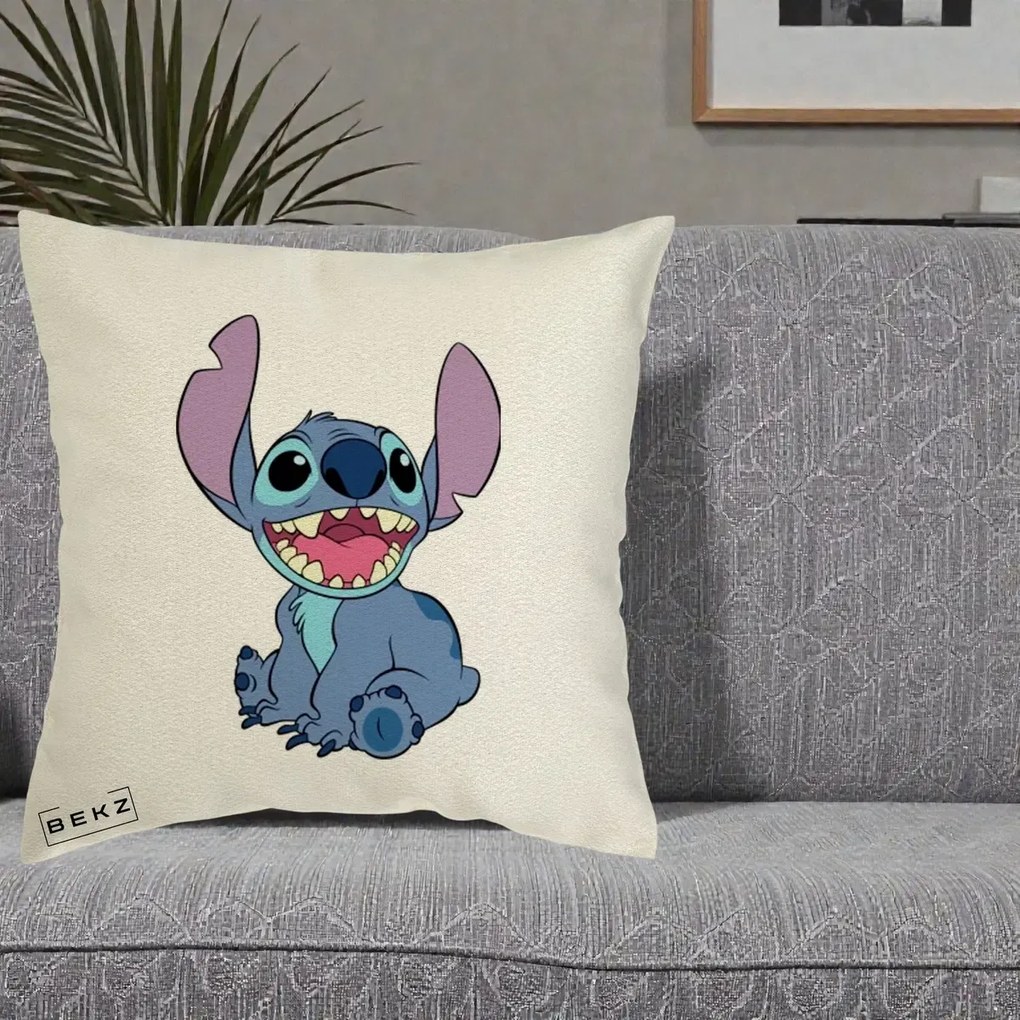 Perna Personalizata Stitch Zambitor, 40x40 cm, Ecru, Husa Detasabila, Perna Inclusa, BEKZ®