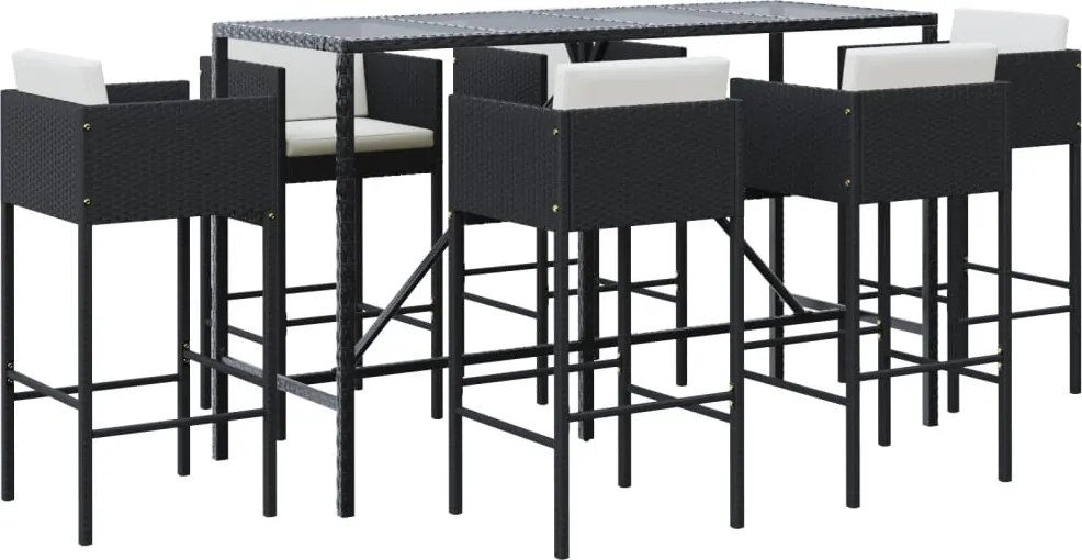 vidaXL Set bar de grădină, 7 piese, cu perne, negru, poliratan