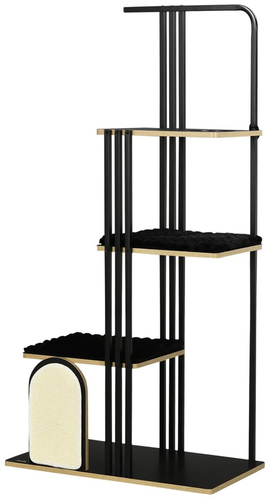 PawHut Pom de Joaca, Design Industrial, 3 Platforme, 2 Perne de Dormit, Placa de Zgariat, Structura din Otel, negru, 85 x 48 x 170 cm | Aosom Romania