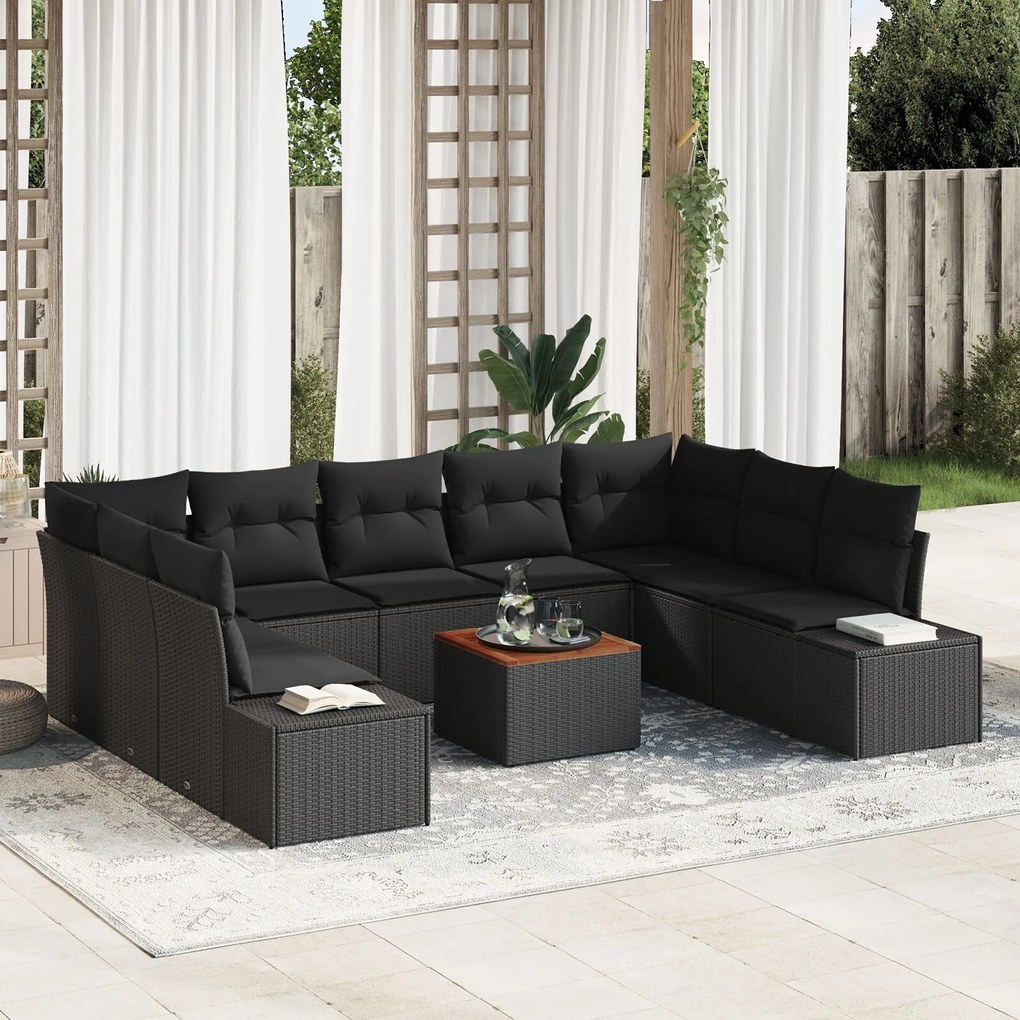 vidaXL Set de canapea pentru grădină format din 10 piese cu perne, din rattan sintetic negru și lemn de acacia