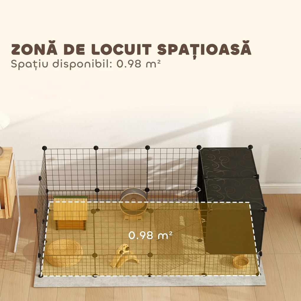PawHut Cușcă Modulară pentru Animale Mici cu 2 Căsuțe Ridicate, Țarc cu 31 de Panouri, 140x70x52 cm, Negru | Aosom Romania
