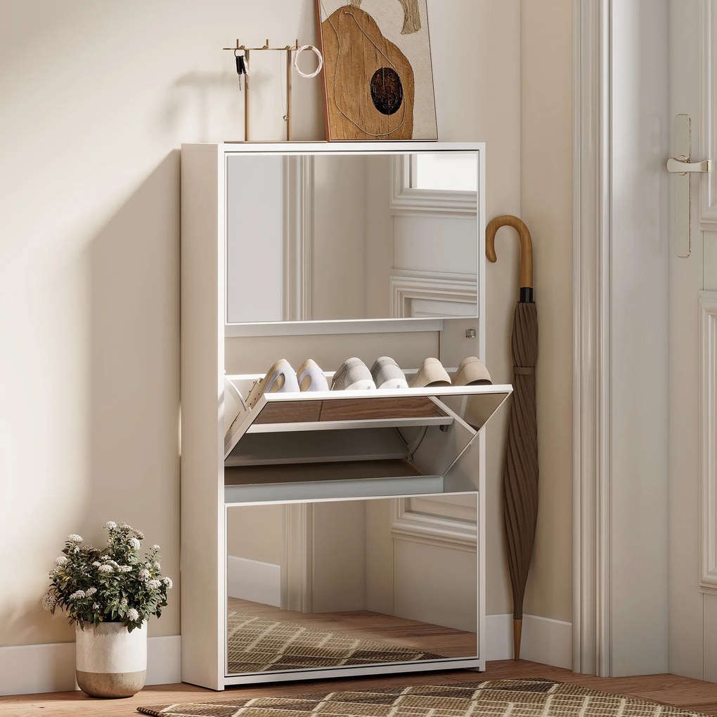 HOMCOM Dulap de Pantofi cu Oglindă și 3 Sertare Rabatabile 65x17x114.5 cm Alb | Aosom Romania