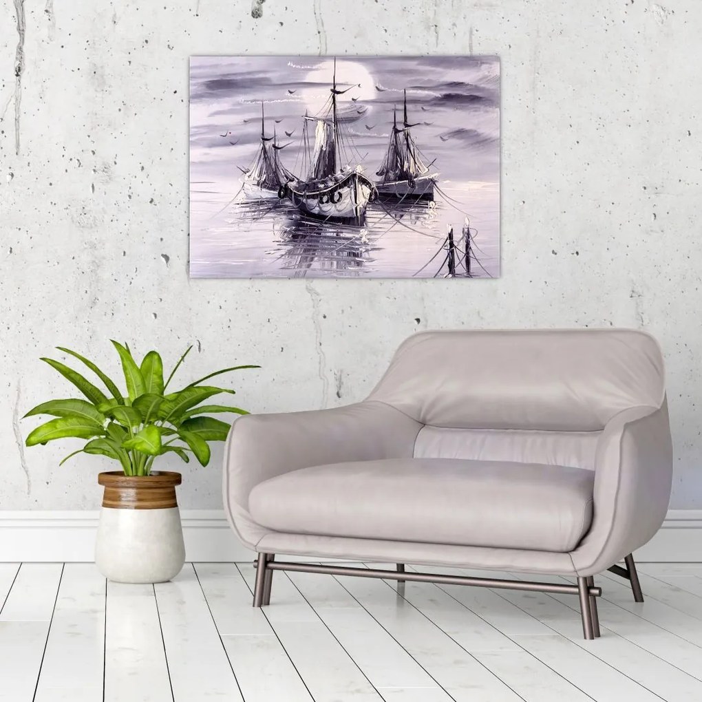 Tablou pe sticlă - Port marin, pictură în ulei (70x50 cm)
