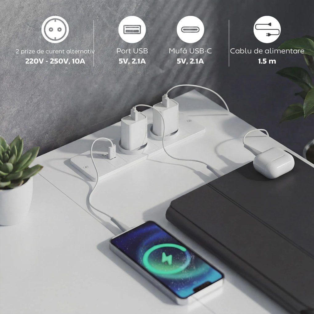 HOMCOM Birou de Colț Reversibil cu Prize și Porturi USB, 126x48 cm, Birou în Formă de L cu 6 Sertare din Material Textil, Cârlig Lateral, pentru Computer, Birou, Cameră, Alb | Aosom Romania