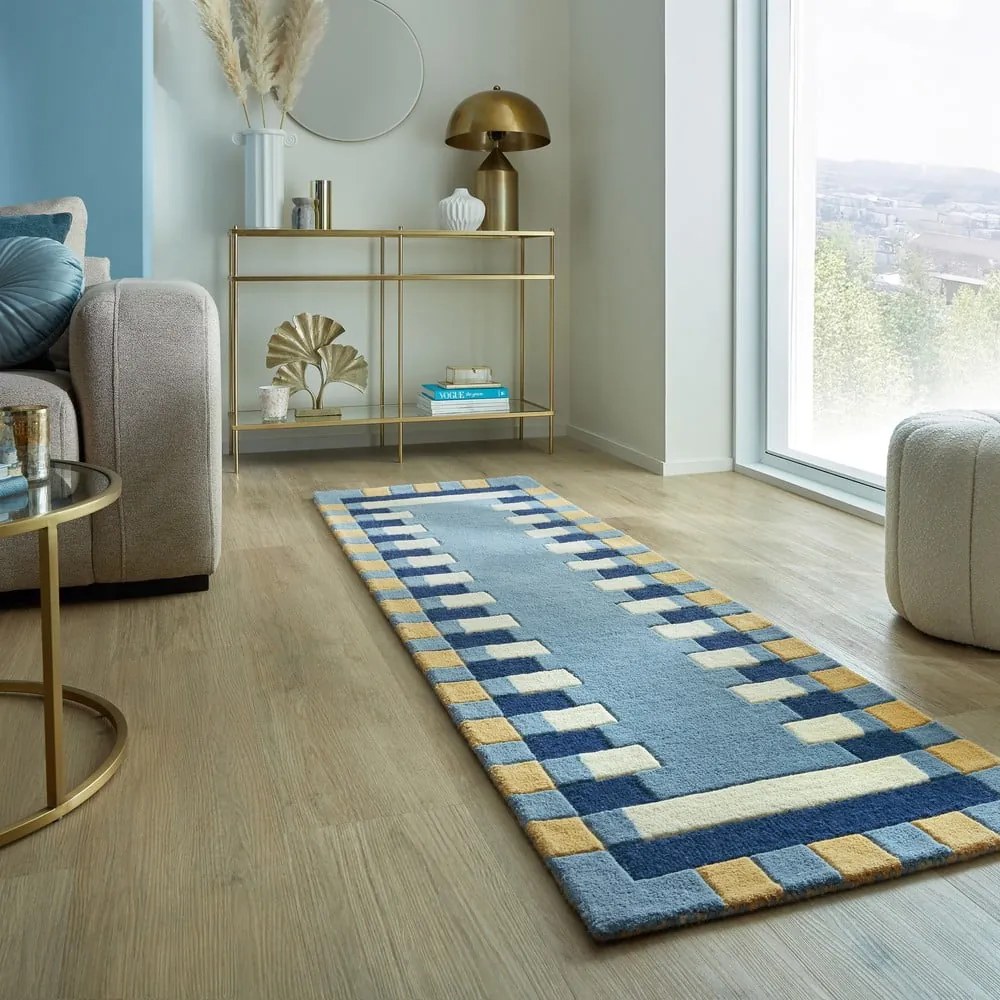 Covor tip traversă albastru țesut manual din lână 60x230 cm Kai Wool Border – Flair Rugs