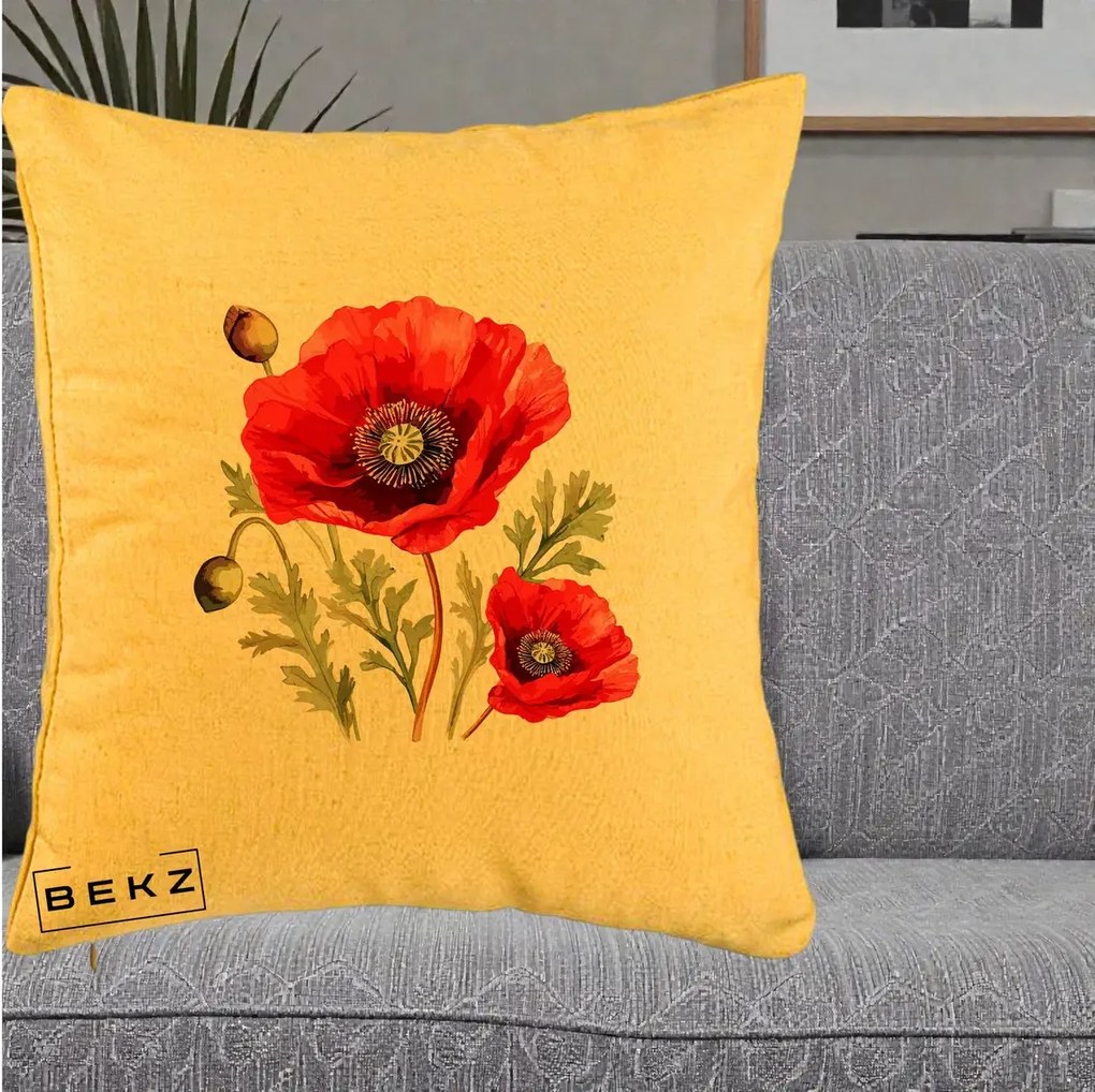 Perna Decorativa Maci Rosii Acuarela, 40x40 cm, Galben, Husa Detasabila, Perna Inclusa, BEKZ®