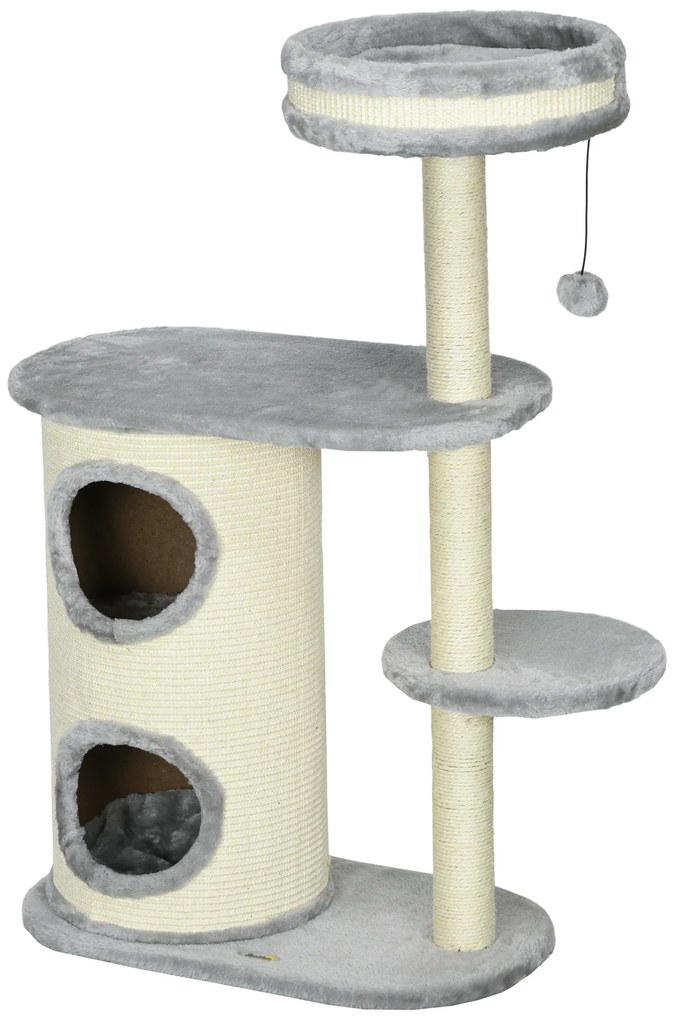 PawHut Copac de Zgariat pentru Pisici, Stalpi din Sfoara de Sisal, Plus Moale, Design Multifunctional, Jucarie cu Minge, Gri, 59x35x100 cm | Aosom Romania
