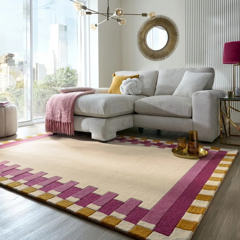 Covor galben/roz țesut manual din lână 160x230 cm Kai Wool Border – Flair Rugs