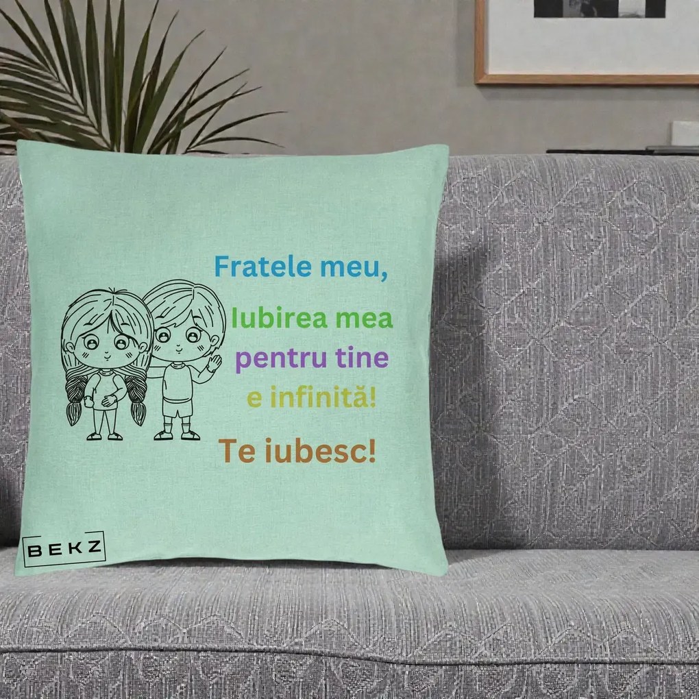 Cadou pentru Frate - Perna Personalizata Fratele Meu Te Iubesc Copii Anime Colorat, 40x40 cm, Verde Menta, Husa Detasabila, Perna Inclusa, BEKZ®