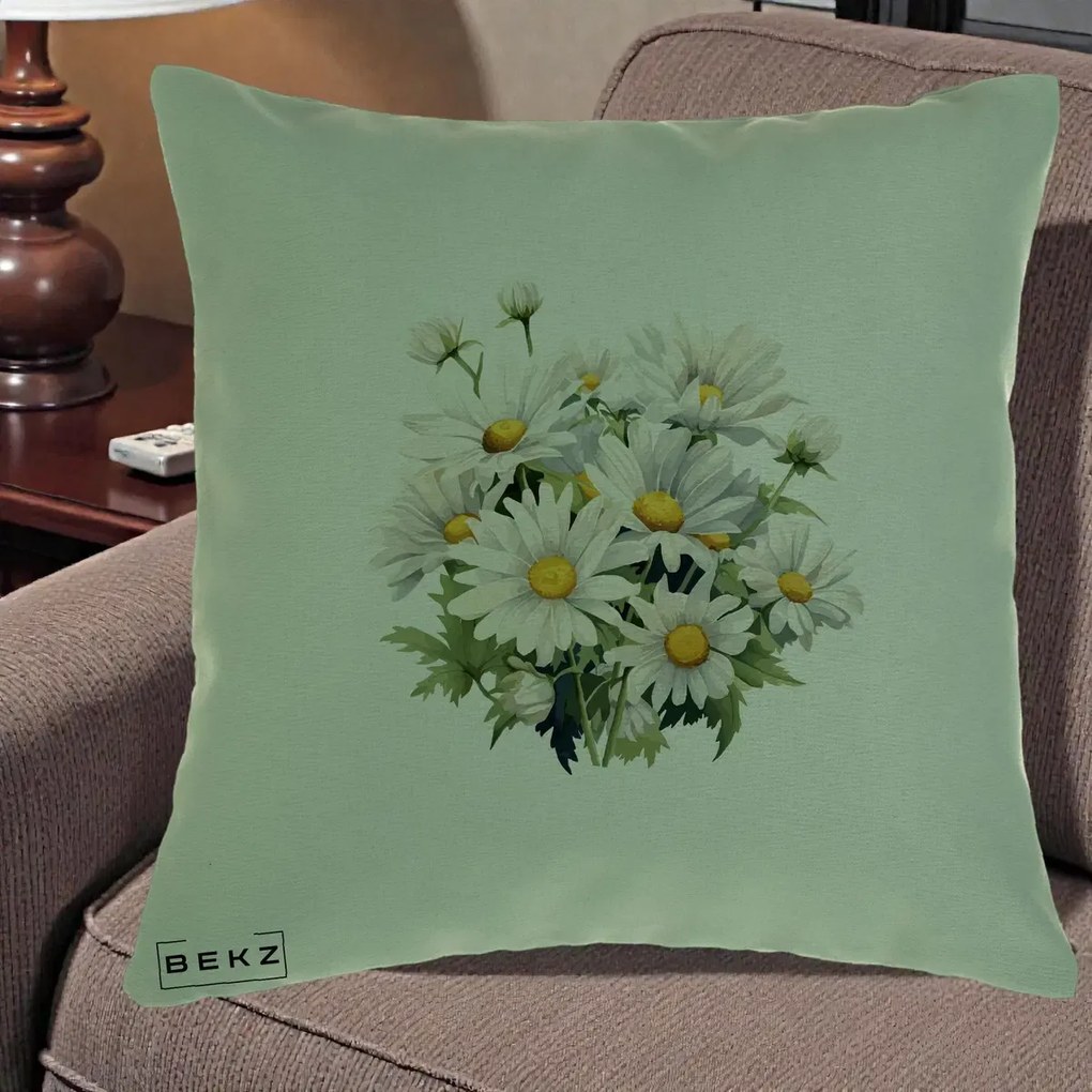 Perna Decorativa Buchet Margarete Albe Acuarela, 40x40 cm, Verde, Husa Detasabila, Perna Inclusa, BEKZ®