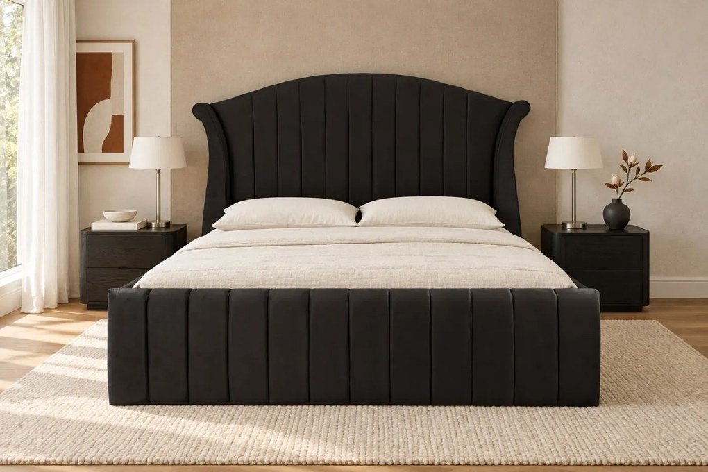 Pat tapițat din catifea Sorella Simple Line 180×200 cm, negru, cu ladă de depozitare