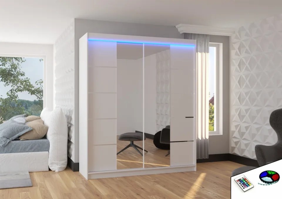 Dulap cu usi glisante si oglinda + iluminare LED, Traves 180 + LED, 180 cmx200 cmx58 cm, ADRK Furniture (Culoare: Alb)
