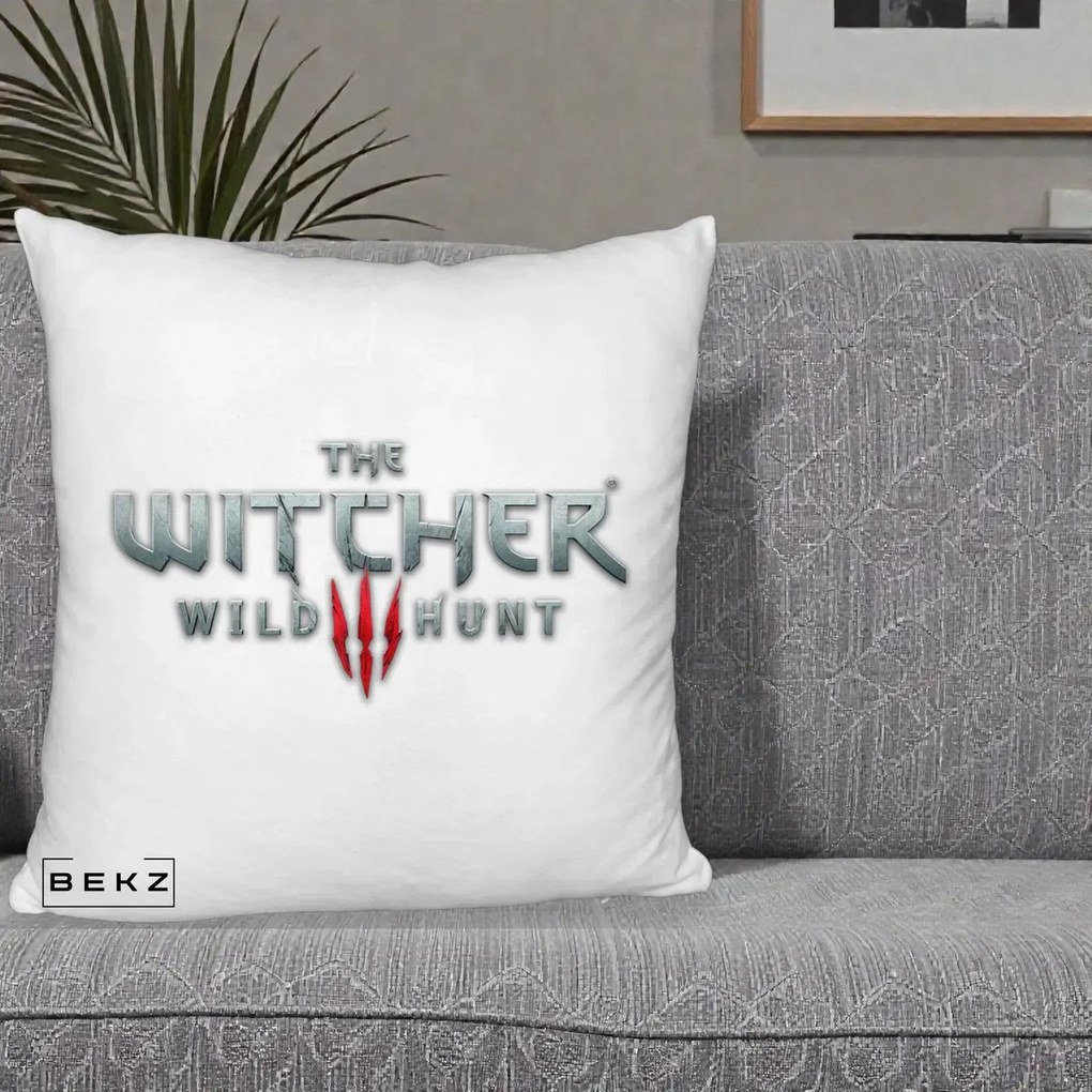 Perna Personalizata The Witcher 3 Wild Hunt, 40x40 cm, Alb Pufos, Husa Detasabila, Perna Inclusa, BEKZ®