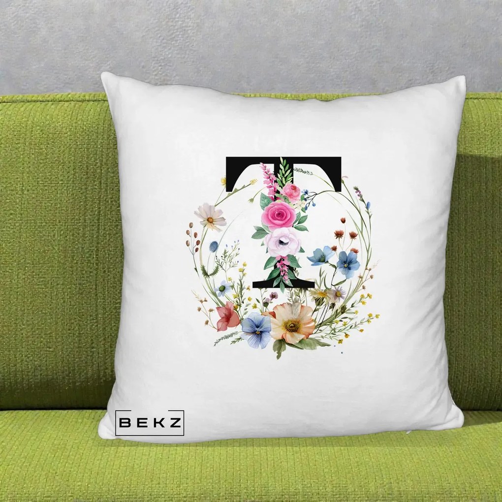 Cadou Personalizat - Perna Personalizata Monogram Litera T cu Flori Acuarela, 40x40 cm, Alb Pufos, Husa Detasabila, Perna Inclusa, BEKZ®