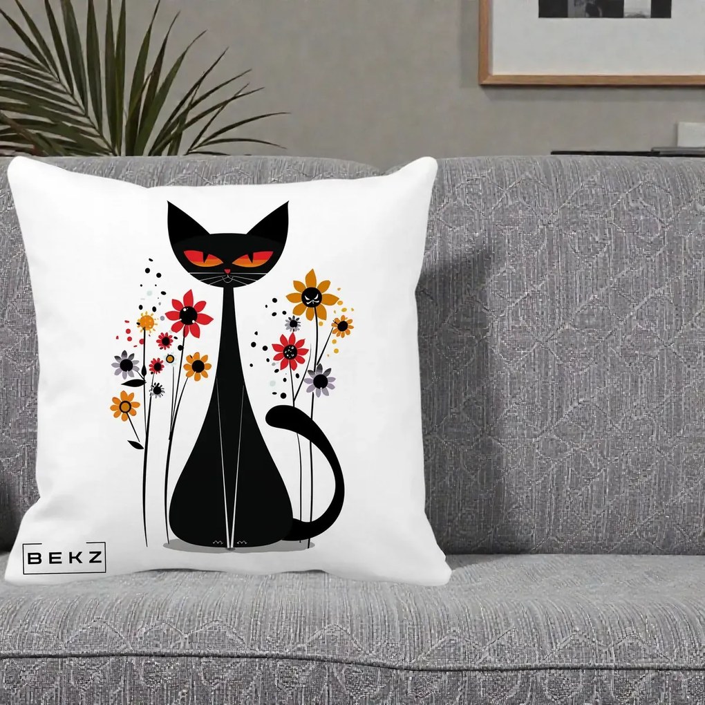 Perna Decorativa Pisica Neagra Ochi Rosii Flori, 40x40 cm, Alba Mata, Husa Detasabila, Perna Inclusa, BEKZ®