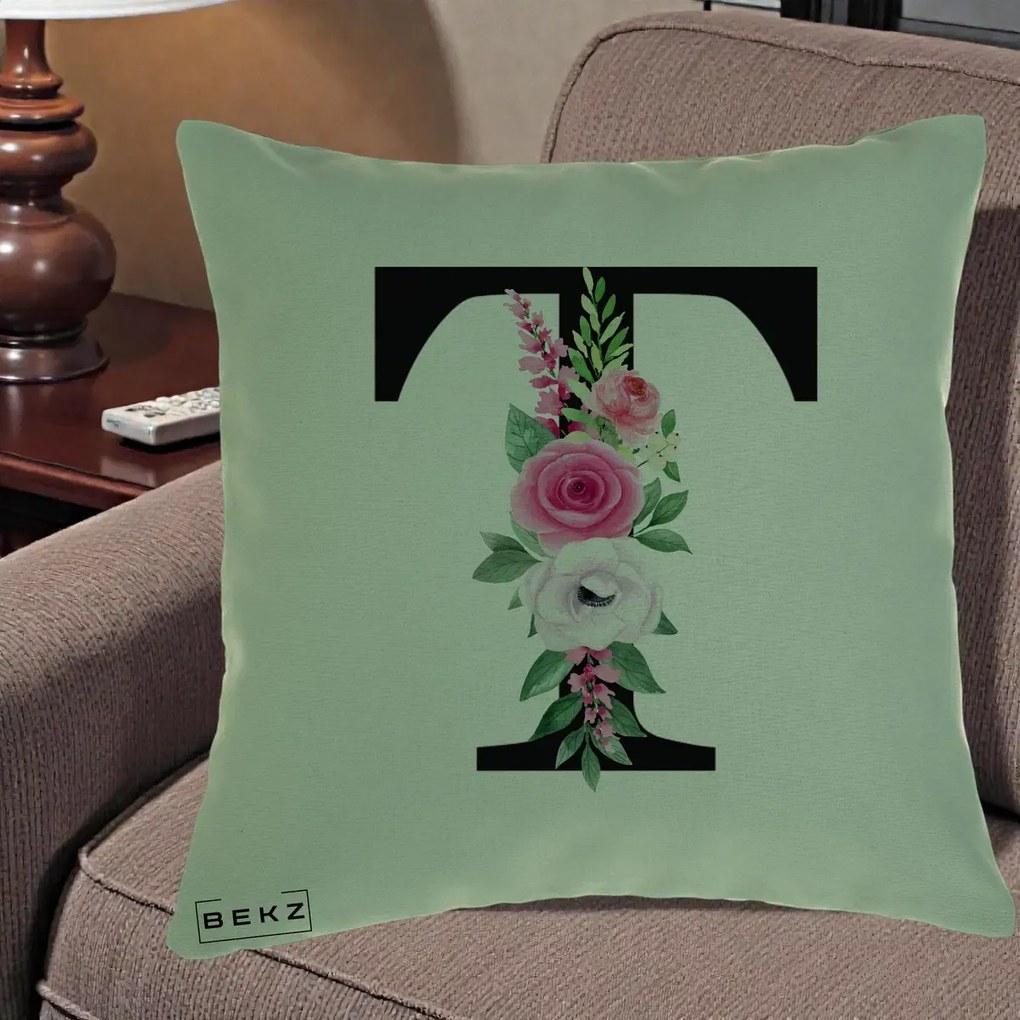Cadou Personalizat - Perna Personalizata Monograma Florala Litera T, 40x40 cm, Verde, Husa Detasabila, Perna Inclusa, BEKZ®