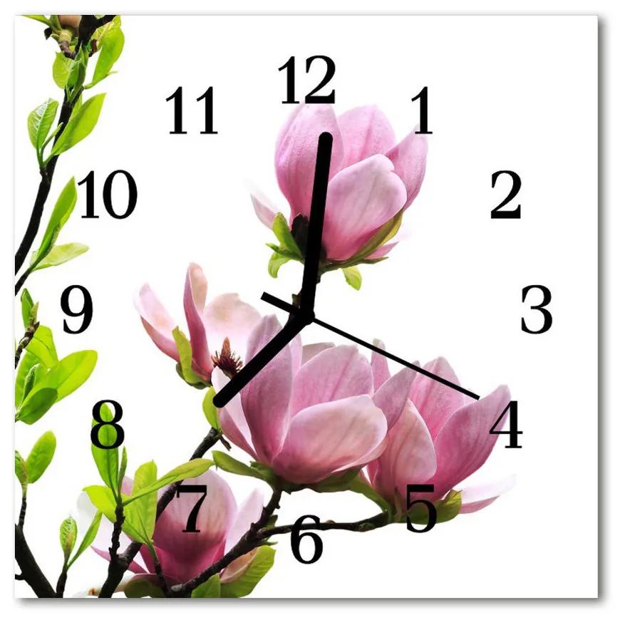 Ceas de perete din sticla pătrat Magnolia Blossom Flori și plante roz