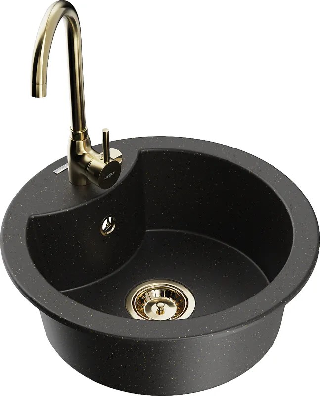Mexen Diego chiuvetă de bucătărie din granit cu 1 compartiment și baterie de bucătărie Telma, negru/auriu - 6512-75-670200-50