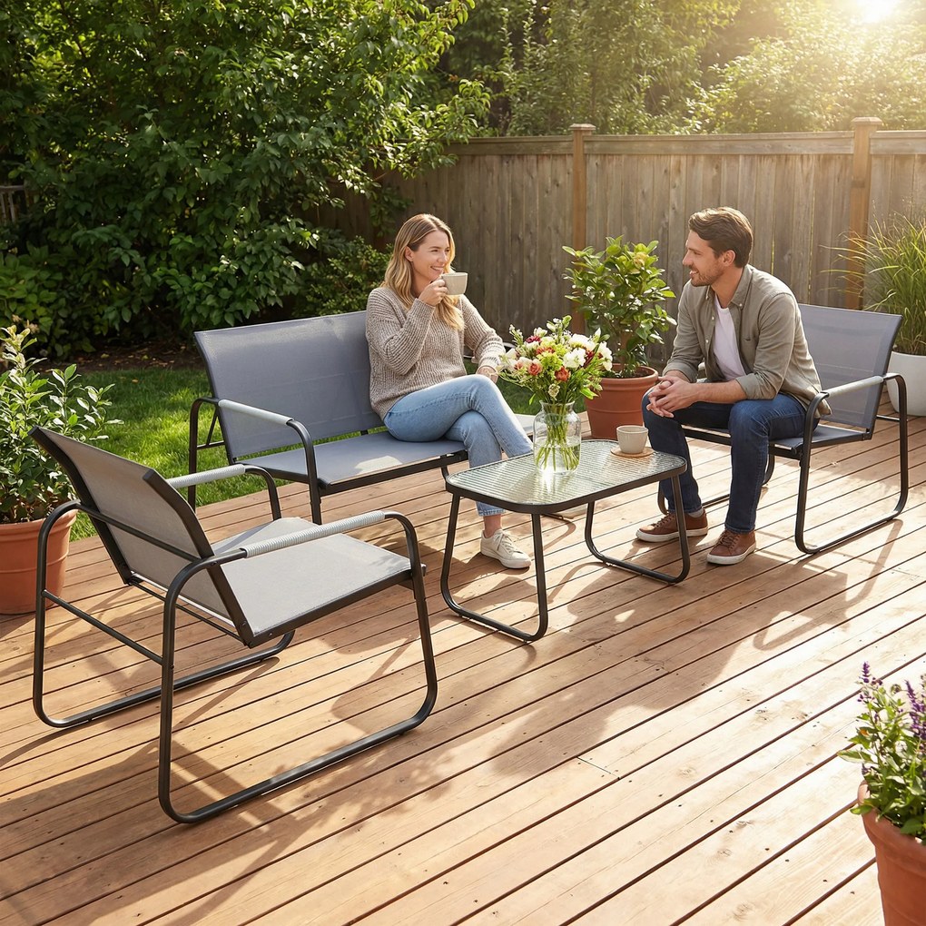 Outsunny Set de Grădină 4 Piese, Canapea cu 2 Locuri, 2 Fotolii, Măsuță din Sticlă Temperată, Gri | Aosom Romania