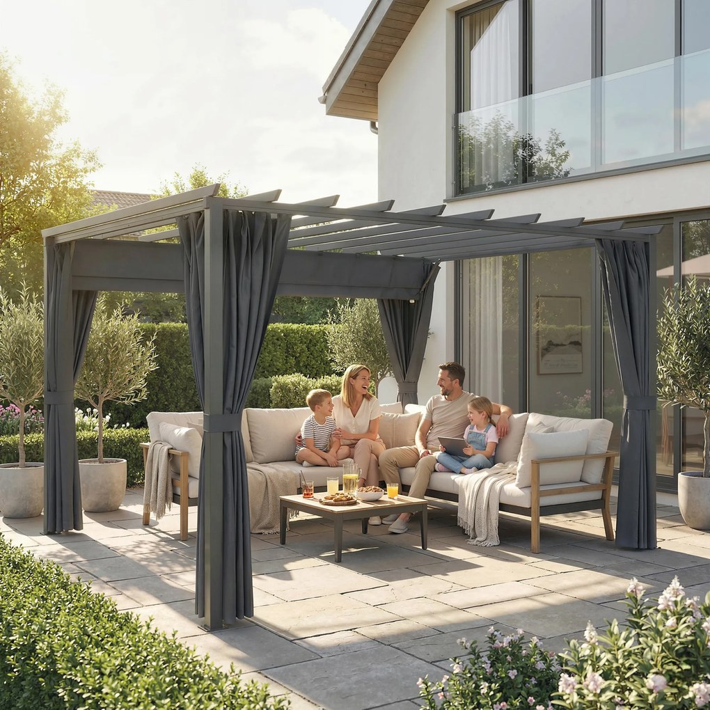 Outsunny Pergolă aprox. 3,6 x 3 m, pavilion de grădină, copertină din aluminiu cu acoperiș reglabil, gri închis | Aosom Romania