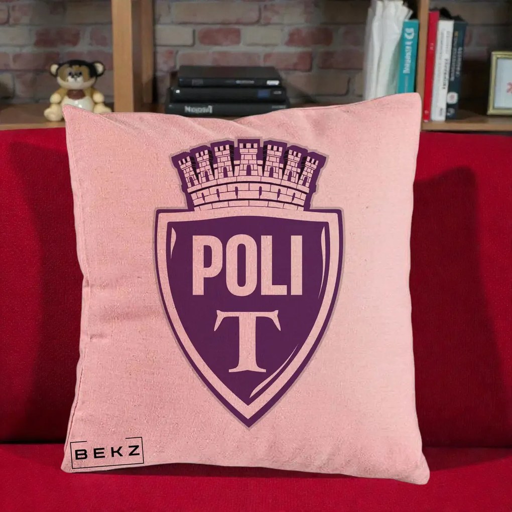 Perna Personalizata Poli Timisoara Fotbal, 40x40 cm, Roz, Husa Detasabila, Perna Inclusa, BEKZ®