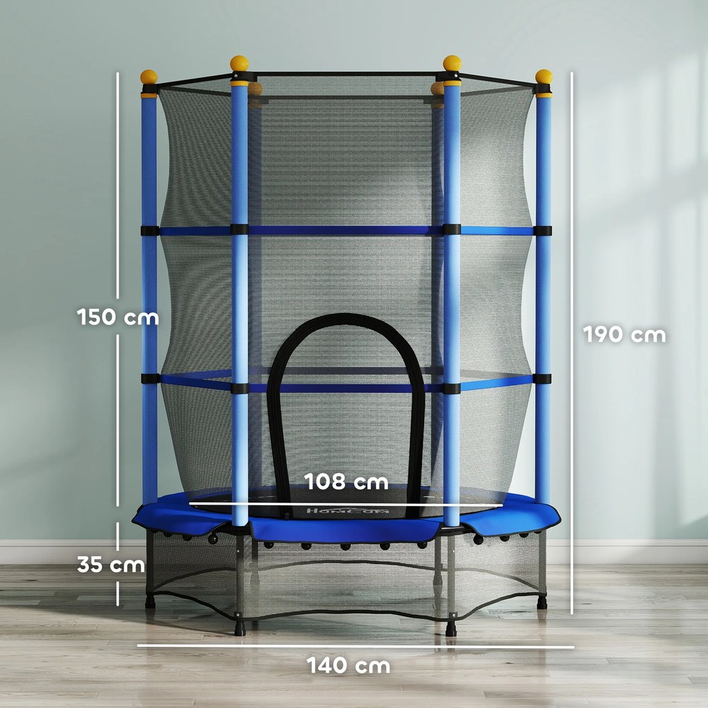 HOMCOM Trambolină Elastică pentru Copii cu Plasă de Siguranță și Țevi Căptușite, Vârstă 3-10 Ani, Ø140x190 cm, Albastru | Aosom Romania