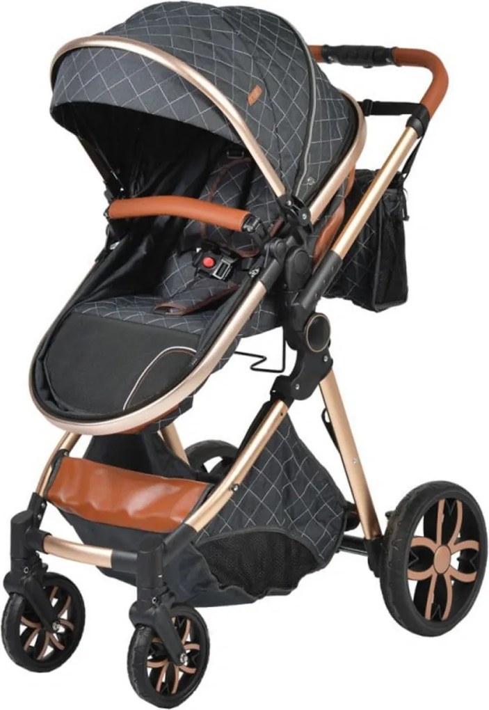 Carucior nou nascuti 2 in 1 NOVOKIDS™ Alma Gold PRO , Cu geanta bebe, Cadru Aluminiu , Amortizoare, Roti din cauciuc plin AVE, Landou, Modul sport,