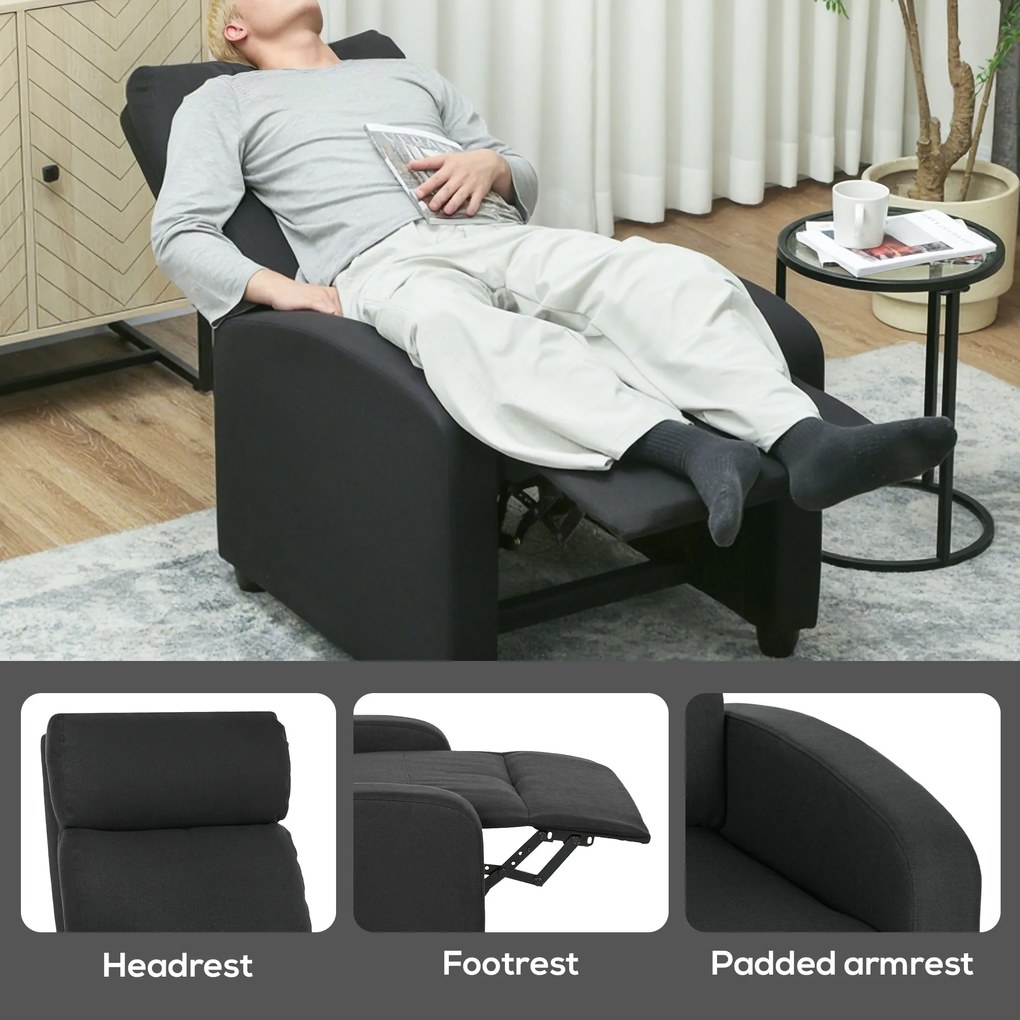 HOMCOM Fotoliu de Relaxare Reclinabil Manual cu Suport pentru Picioare din Țesătură Neagră | Aosom Romania