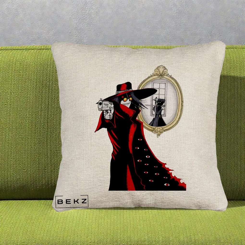 Perna Personalizata Hellsing Alucard cu Pistoale, 40x40 cm, Bej Canapea, Husa Detasabila, Perna Inclusa, BEKZ®