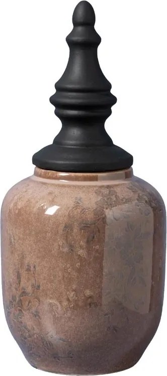Borcan decorativ din ceramică artizanală roz cu capac negru sculptat, formă ovală, finisaj lucios, 38,5×13 cm, „Rosaire"