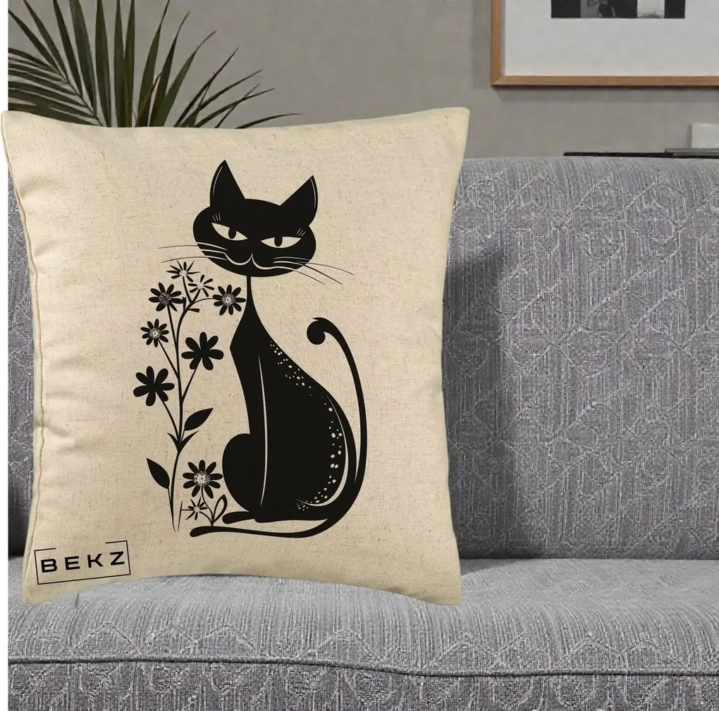 Perna Decorativa Pisica Neagra Grafica Minimalista, 40x40 cm, Bej, Husa Detasabila, Perna Inclusa, BEKZ®