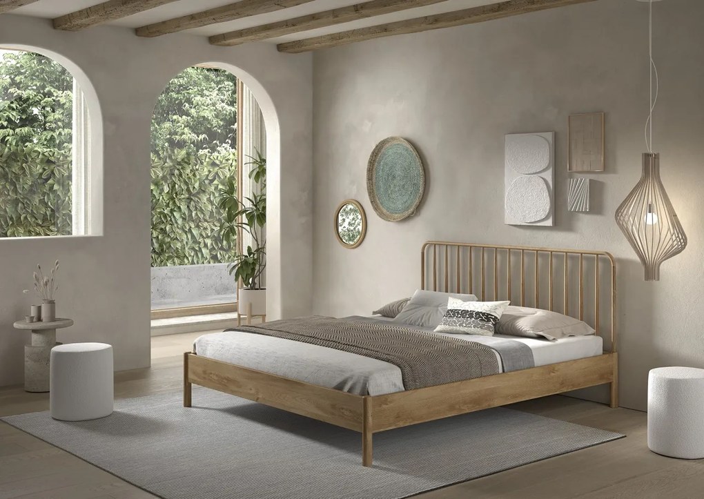 Pat dublu OLIVE, 180 x 200 cm, cu tăblie cu lamele rotunjite și aspect lemn de stejar, design modern, fără somieră inclusă, cu noptieră cu două