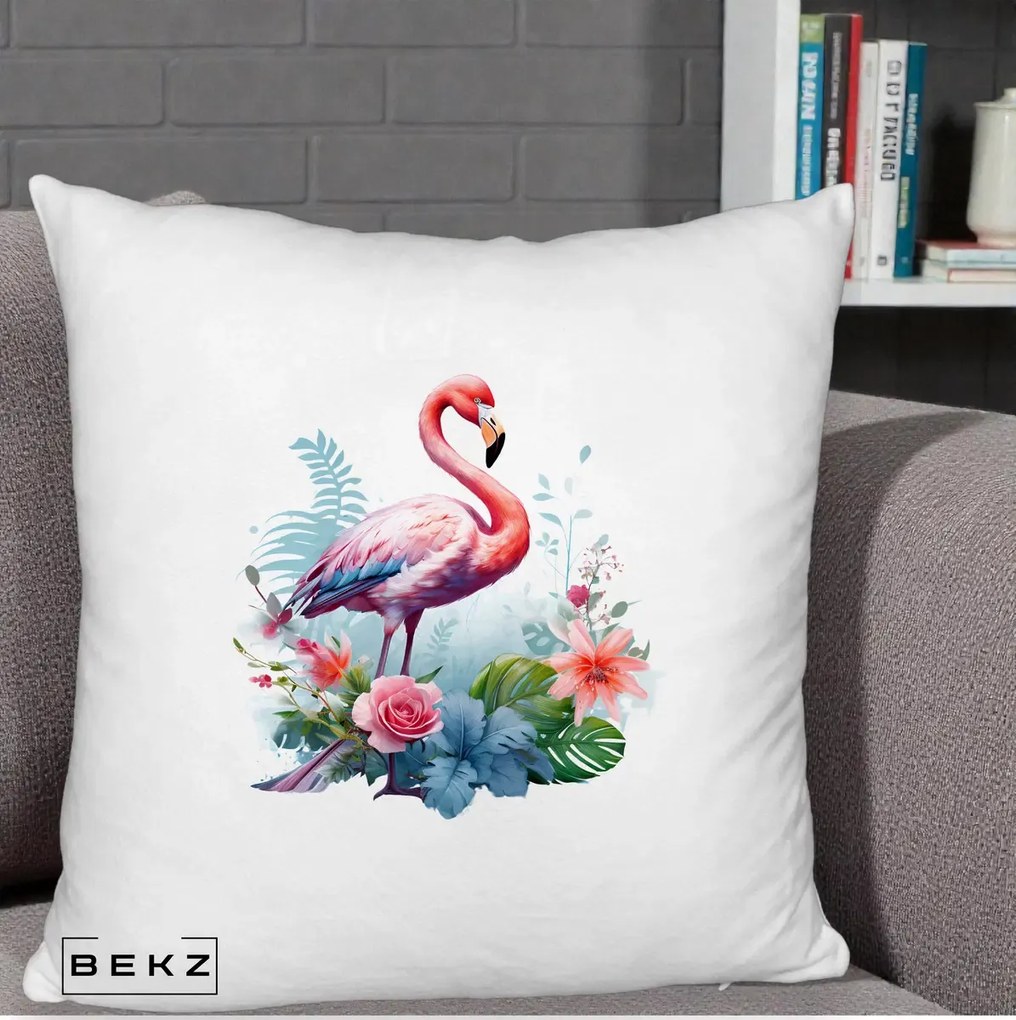 Perna Decorativa Flamingo cu Flori Tropicale Acuarela, 40x40 cm, Alb Pufos, Husa Detasabila, Perna Inclusa, BEKZ®