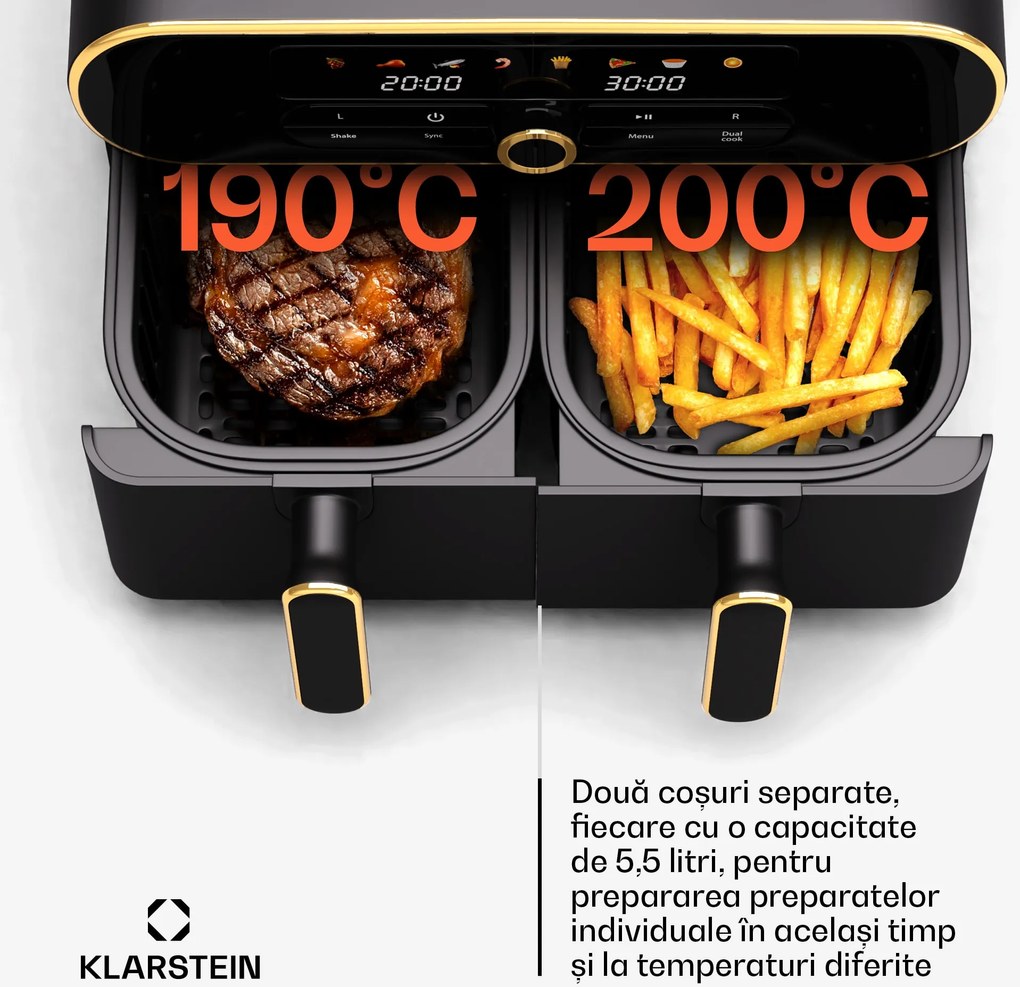 Klarstein Friteuză cu aer cald AuraAir Color Touch, 2 camere, 11 l, 1700 W, 80 - 200 °C, 8 programe