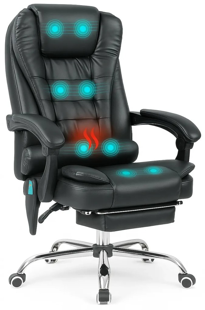 Scaun directorial cu Masaj si Incalzire, functie sezlong, suport picioare, piele PU, Negru