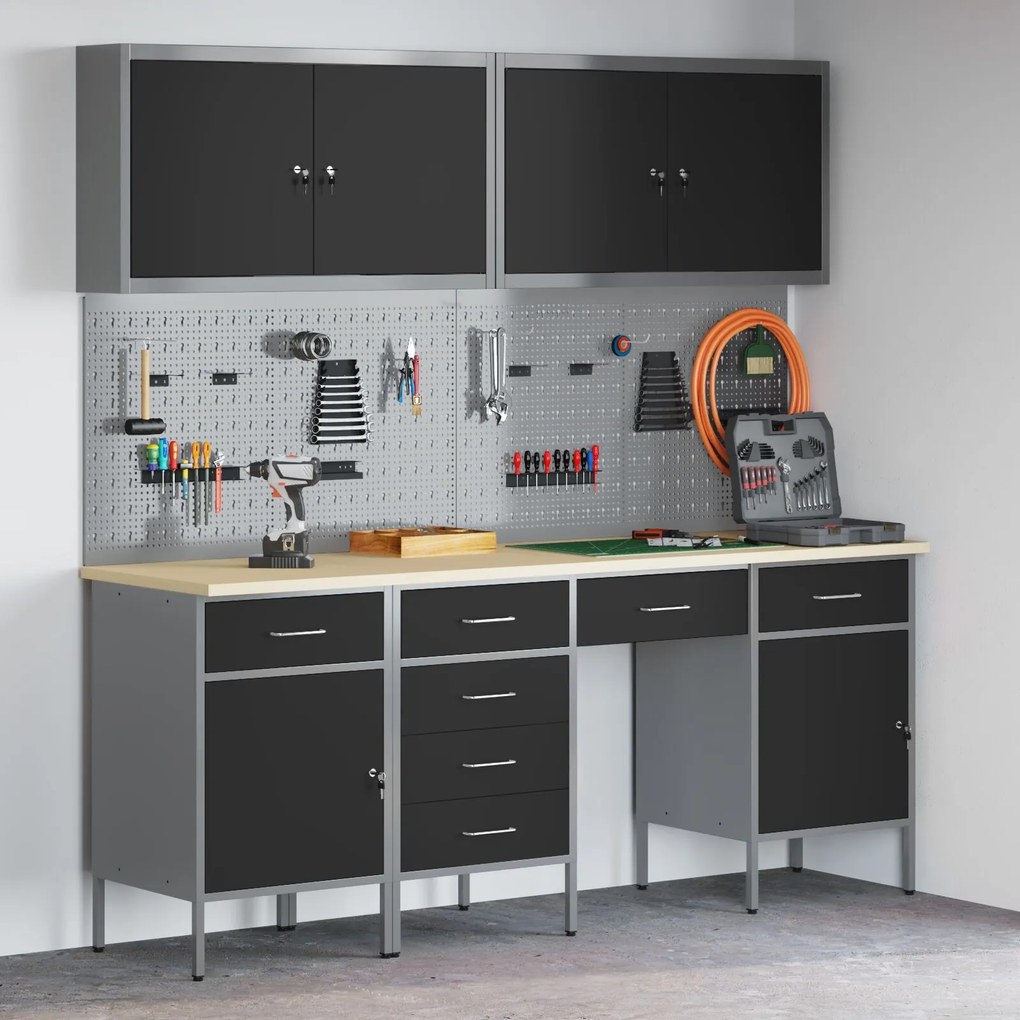 vidaXL Banc de lucru cu sertar 10 pcs Negru 200 x 55 x 200 cm Oțel