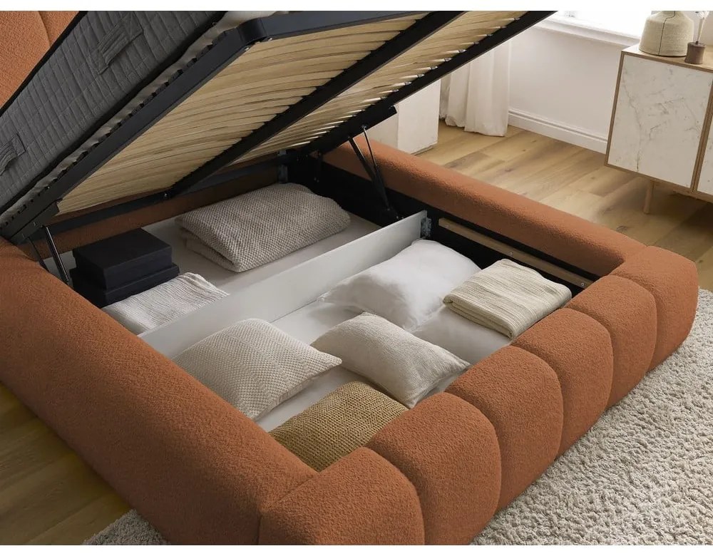 Pat matrimonial portocaliu tapițat cu spațiu de depozitare cu somieră 160x200 cm Denali – Bobochic Paris
