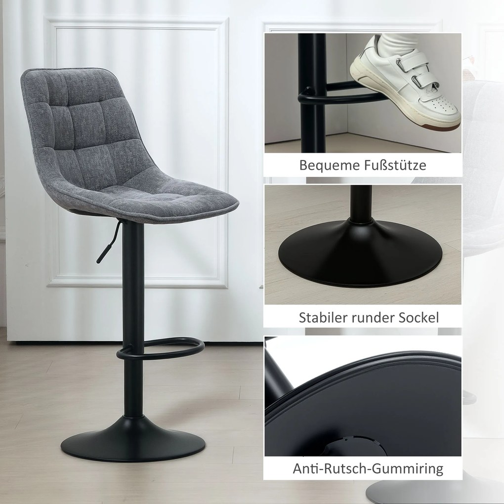 HOMCOM Scaun de bar modern, set de 2 scaune rotative cu spătar, reglabil pe înălțime, cu suport pentru picioare, tapițat, Gri închis | Aosom Romania