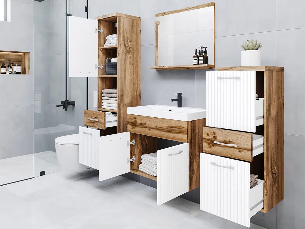 Mobilier baie Lomesa MDF (Stejar wotan + Alb lamel) (cu sifon). 1103972
