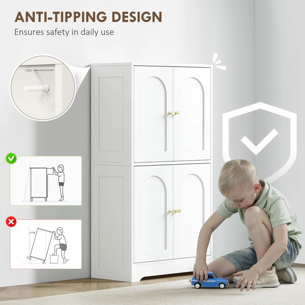 HOMCOM Comodă Bucătărie, Dulap Bucătărie cu 2 Dulapuri, 4 Uși Arcuite, 2 Rafturi Reglabile, cu Dispozitiv Anti-Răsturnare, 60x30x110 cm, pentru Sala de Masă, Living, Alb | Aosom Romania