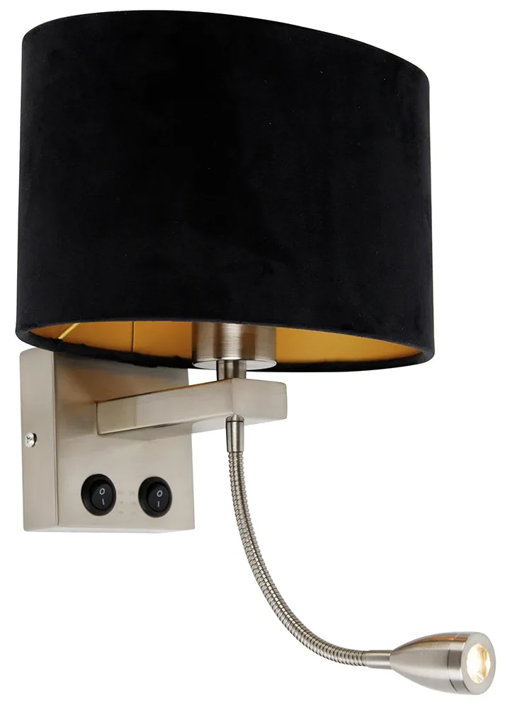 Aplică de perete din oțel cu abajur oval din velur negru 25cm - Brescia Combi