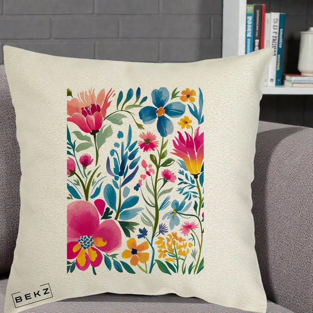 Perna Decorativa Gradina Florala Acuarela Colorata, 40x40 cm, Ecru, Husa Detasabila, Perna Inclusa, BEKZ®