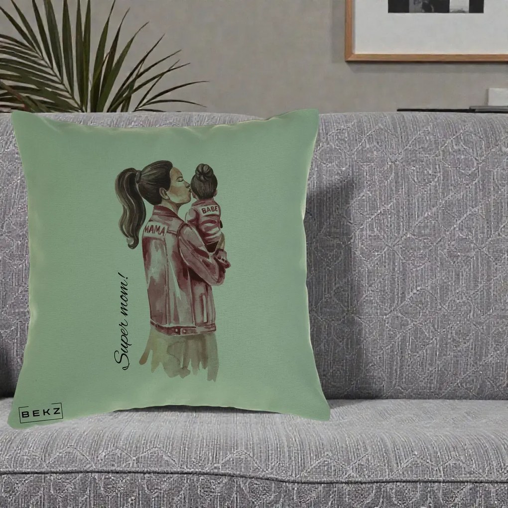 Cadou pentru Mama - Perna Personalizata Super Mom Jachete Roz, 40x40 cm, Verde, Husa Detasabila, Perna Inclusa, BEKZ®
