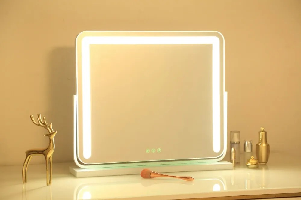 Oglindă cosmetică, sistem iluminare bandă LED, 3 culori, senzor tactil, rotire 360°, 50x40 cm, Alb