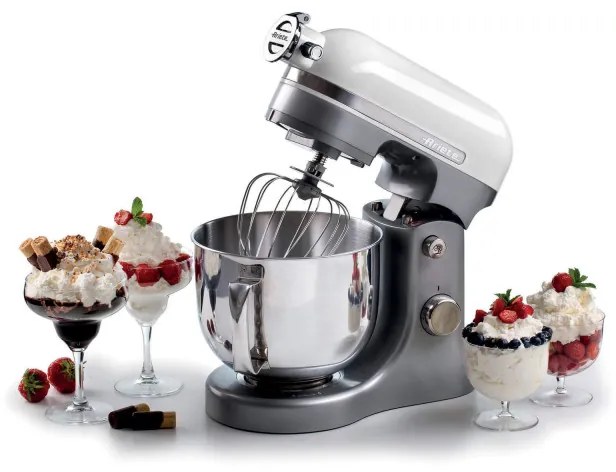 Mixer planetar Ariete MODERNA 1589/01, 3200W, 5.5 L, 11 viteze, Carcasa aluminiu masiv, Accesorii, Alb/Inox